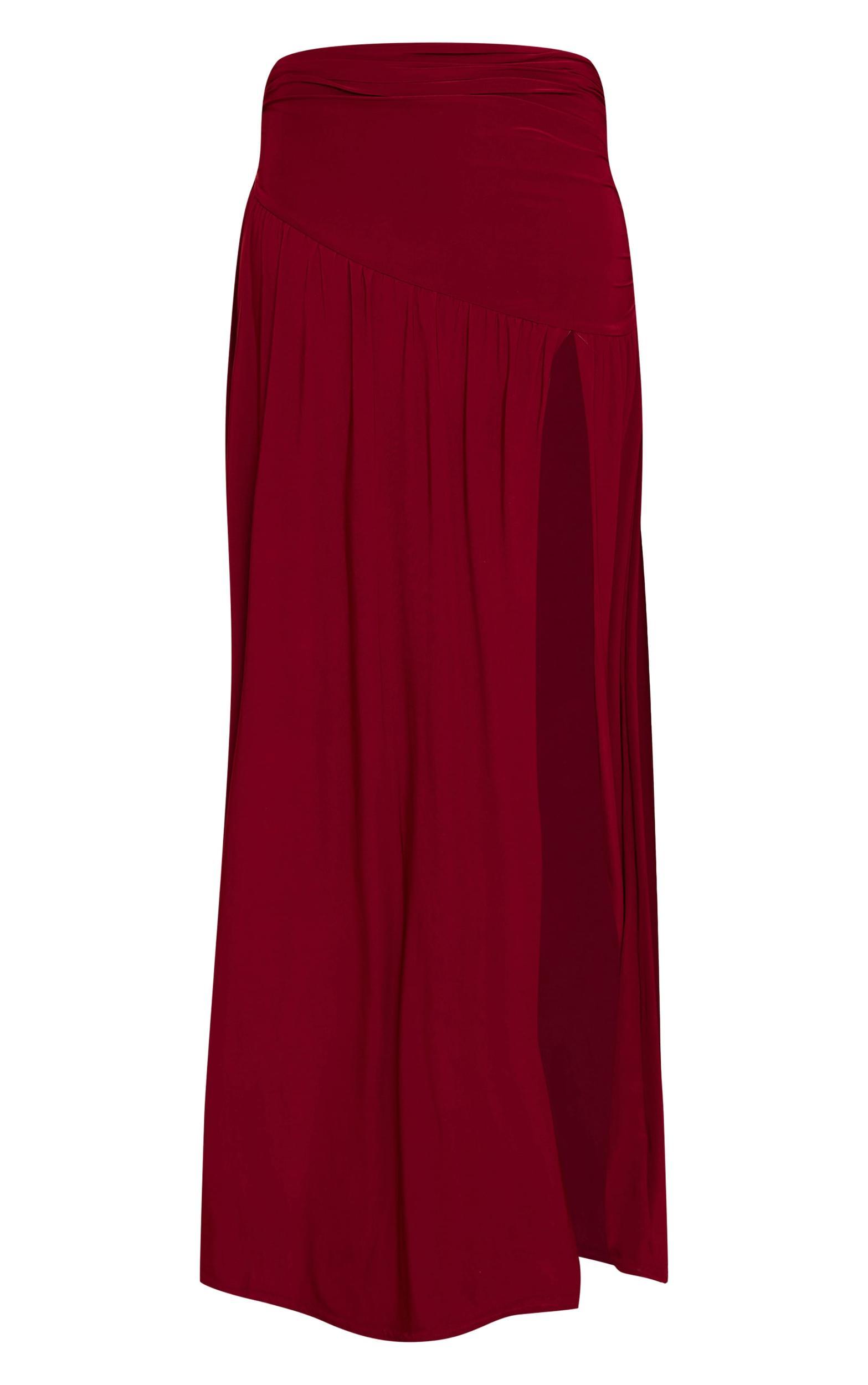 Deep Red Double Layer Slinky Drop Waist Slit Maxi Skirt Product Image