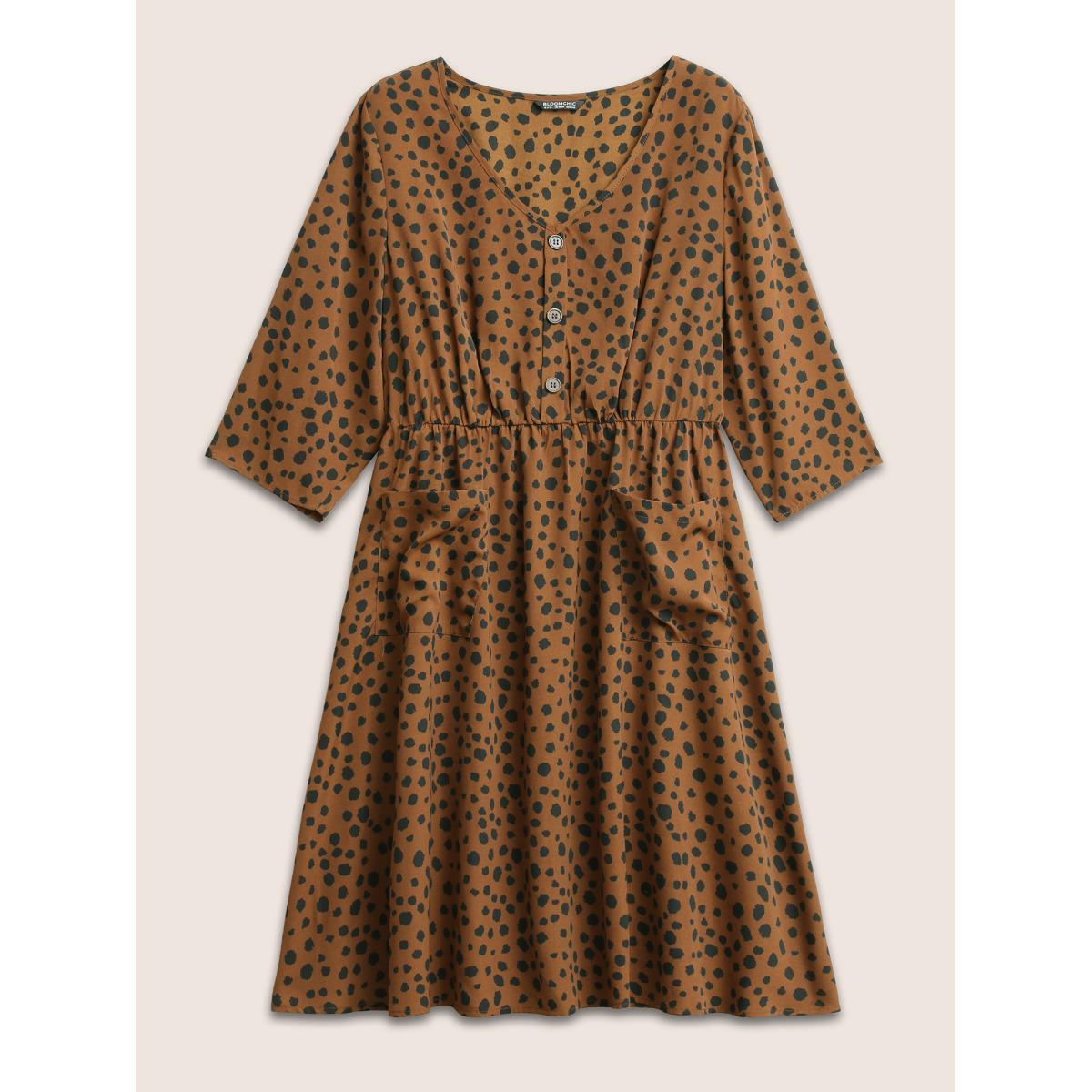 Plus Size Leopard Elastic Waist Pocket Button Detail Dress Chocolate Women Work From Home Non V-neck Elbow-length sleeve Curvy Midi Dress BloomChic 10/M Product Image