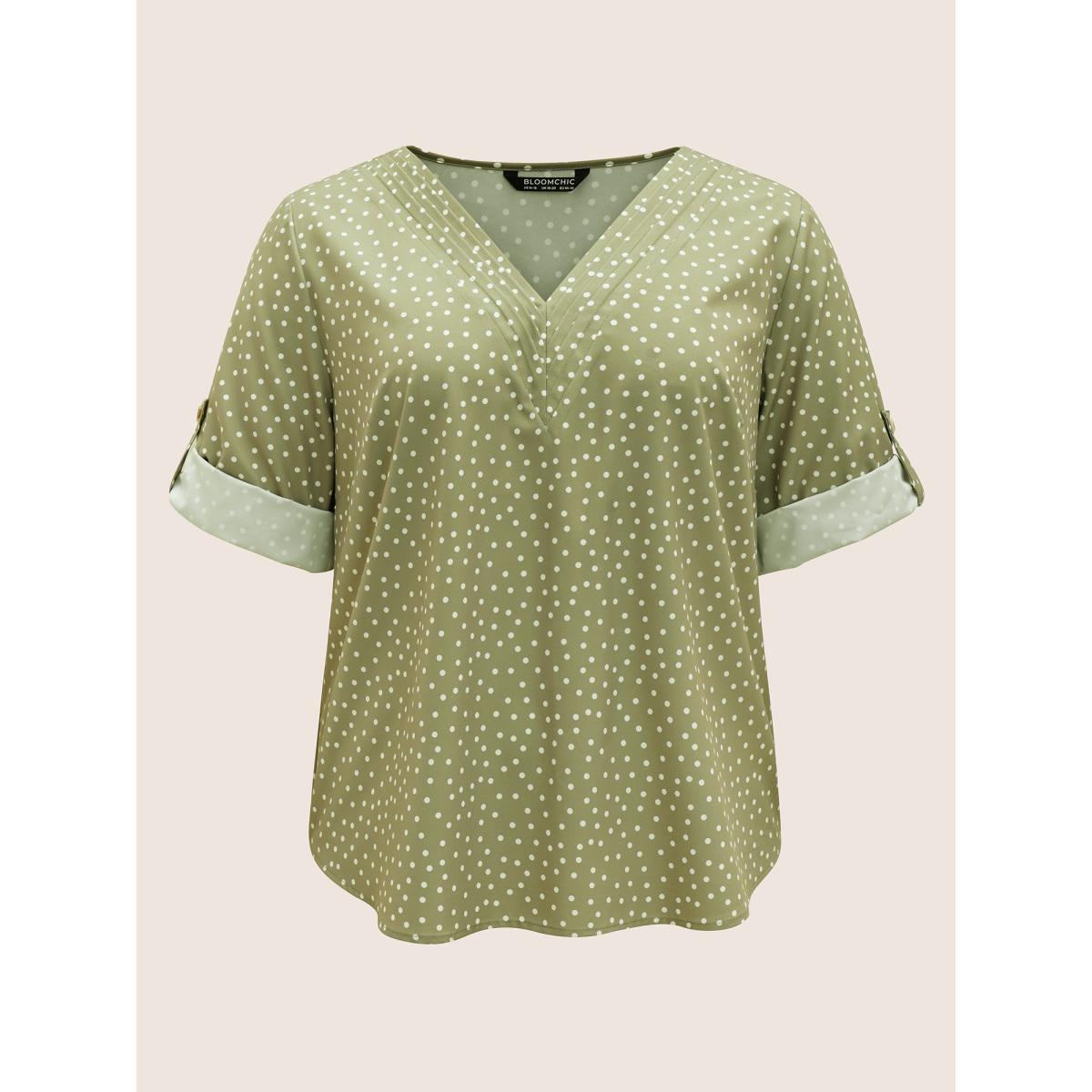 Plus Size Sage Polka Dot Button Cuff Sleeve Pleated Blouse Women At the Office Elbow-length sleeve V-neck Work Blouses BloomChic 30/6X Product Image