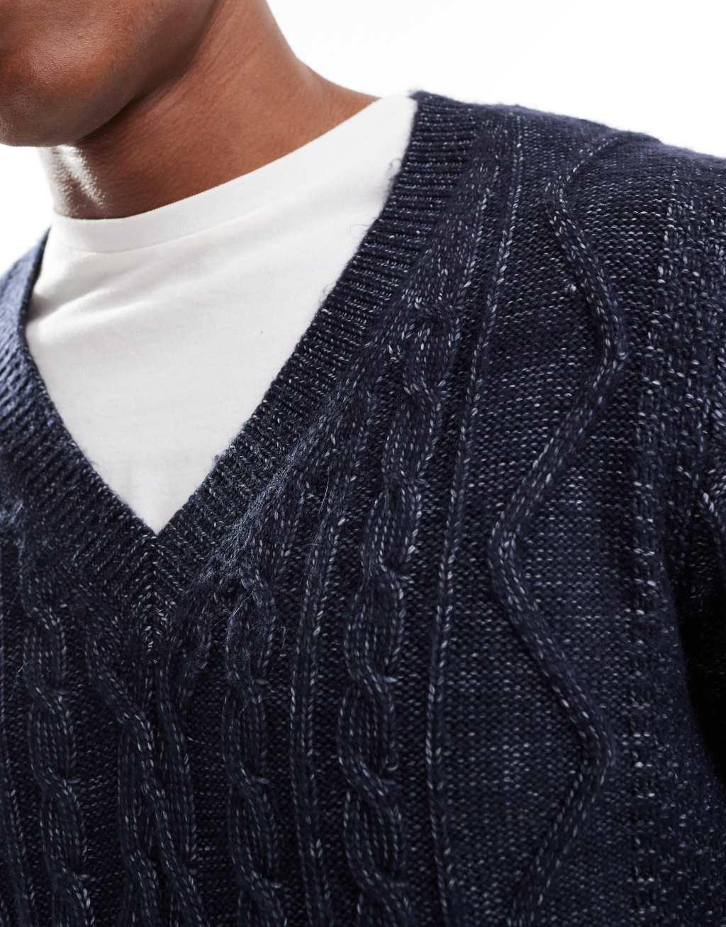 ASOS DESIGN heavyweight cable knit V-neck sweater in navy Product Image