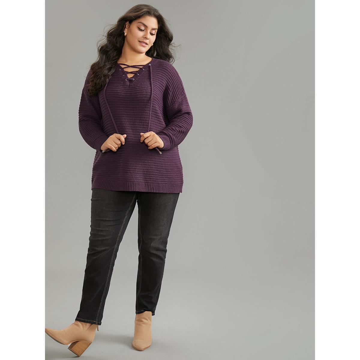 Plus Size Lace Up Plain Plisse Pullover Purple Women Casual Loose Long Sleeve V-neck Dailywear Pullovers BloomChic 14-16/1X Product Image