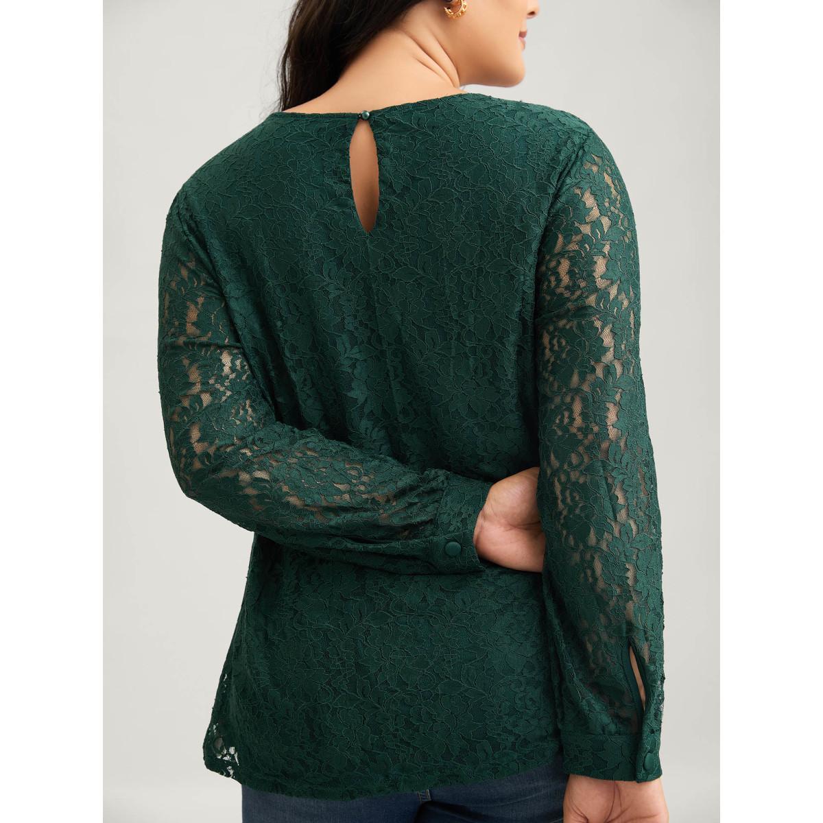 Plus Size Purple Solid Crochet Lace Mesh Crew Neck Blouse Women Cocktail Long Sleeve Round Neck Party Blouses BloomChic 26/4X Product Image