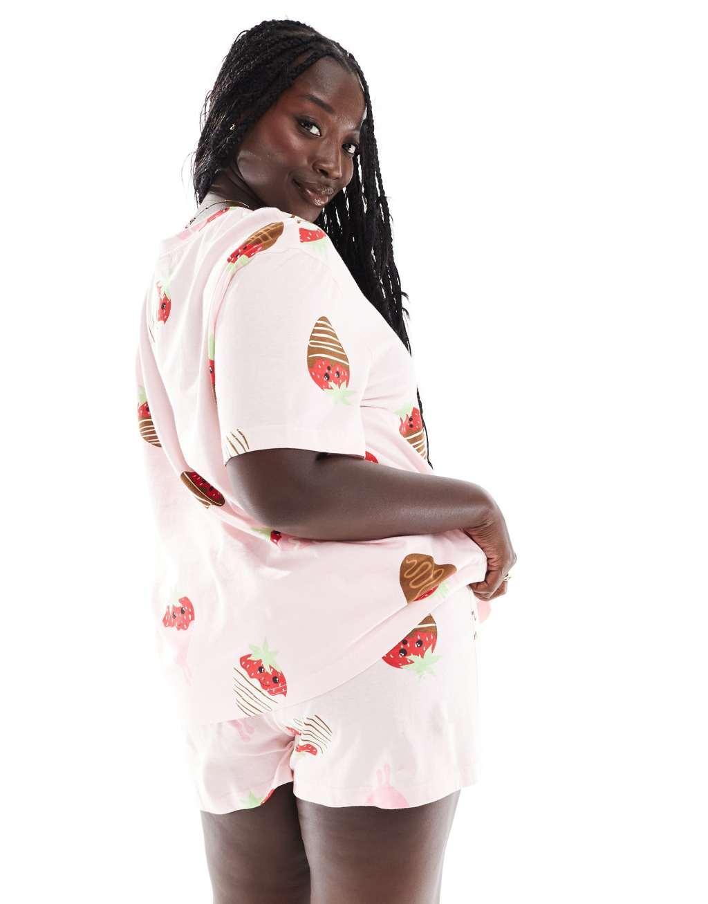 ASOS DESIGN Curve chocolate strawberry oversized tee & shorts pajama set in pink Product Image