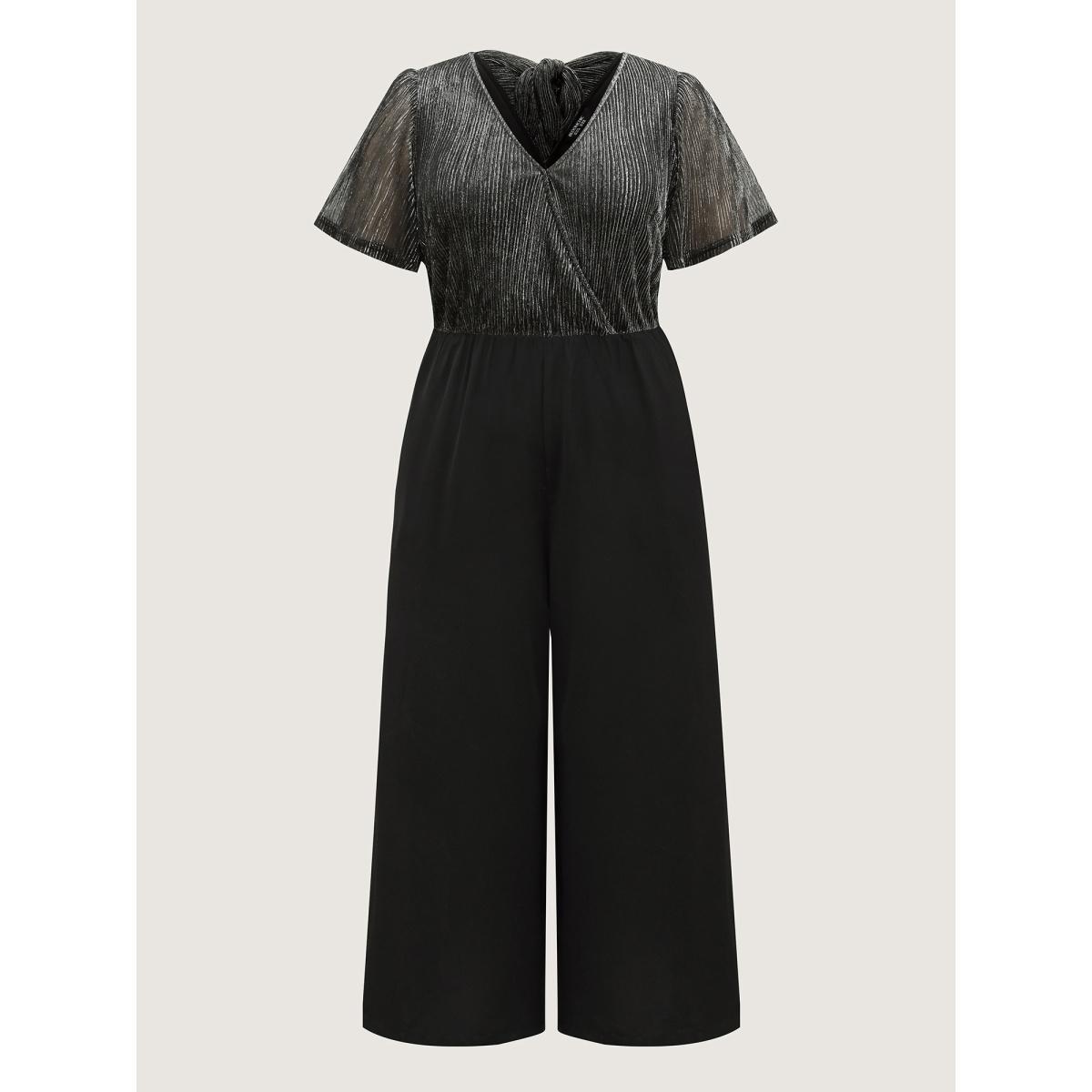 Plus Size Black Shimmery Bow Back Tie Contrast Jumpsuit Women Short sleeve Overlap Collar Party Loose Jumpsuits BloomChic 14-16/1X Product Image