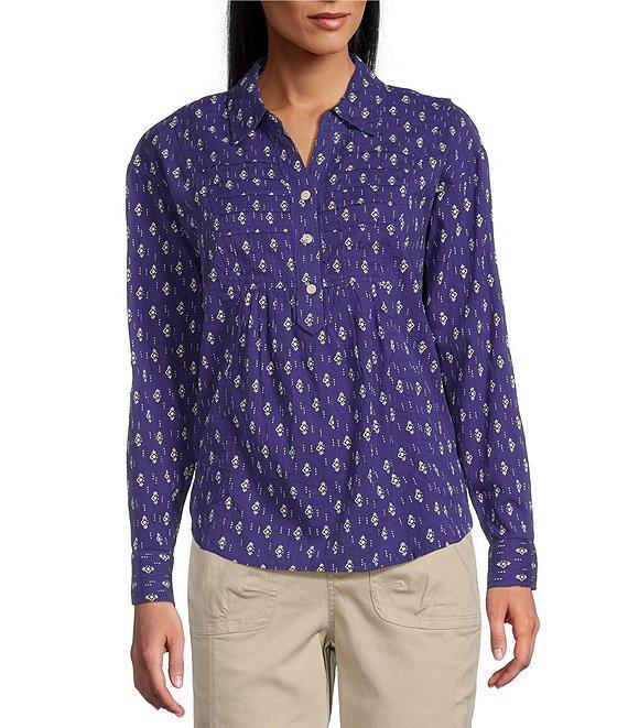 Westbound Orient Medallion Roll Tab 3/4 Sleeve Point Collar Henley Top Product Image