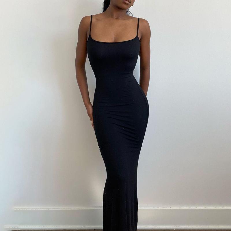 Spaghetti-Strap Plain Maxi Sheath Dress Product Image
