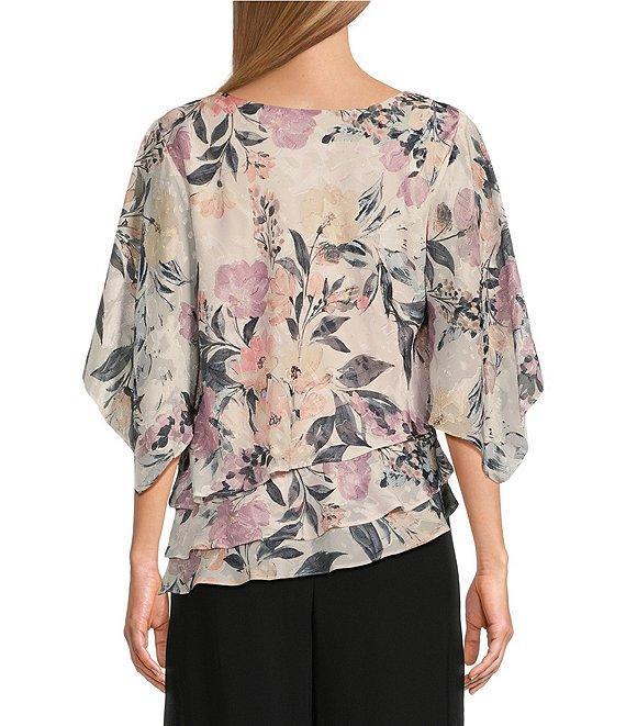 Alex Evenings Elbow Sleeve Scoop Neck Asymmetrical Hem Triple Tier Chiffon Blouse Product Image