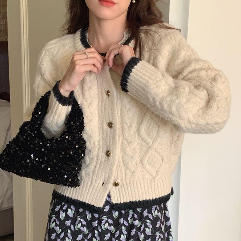 Crewneck Cable Knit Button-Up Cardigan Product Image