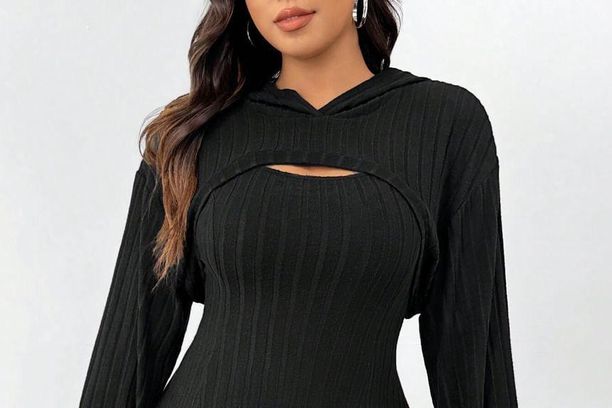 Plus Size Set: Long-Sleeve Hooded Striped Crop Top + Sleeveless A-Line Dress Product Image
