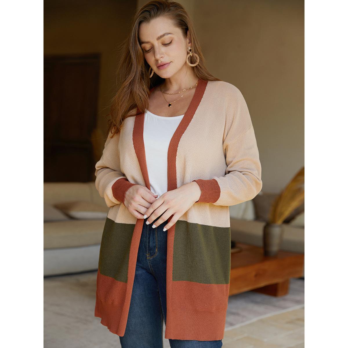 Plus Size Colorblock Contrast Split Side Cardigan Multicolor Women Casual Loose Long Sleeve Dailywear Cardigans BloomChic 10/M Product Image