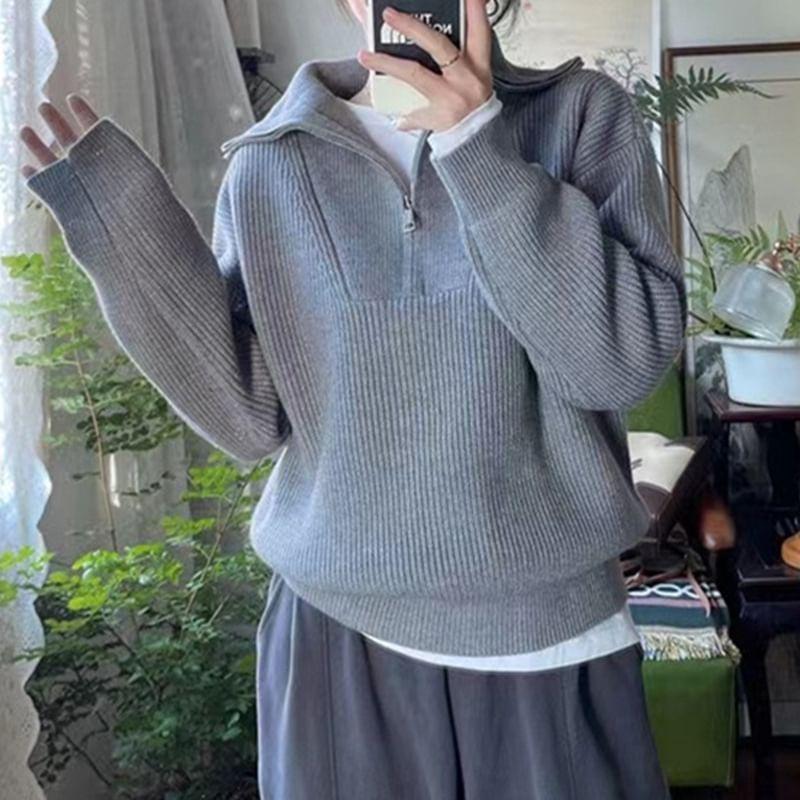 Long-Sleeve Plain Half-Zip Sweater (Various Designs) Product Image