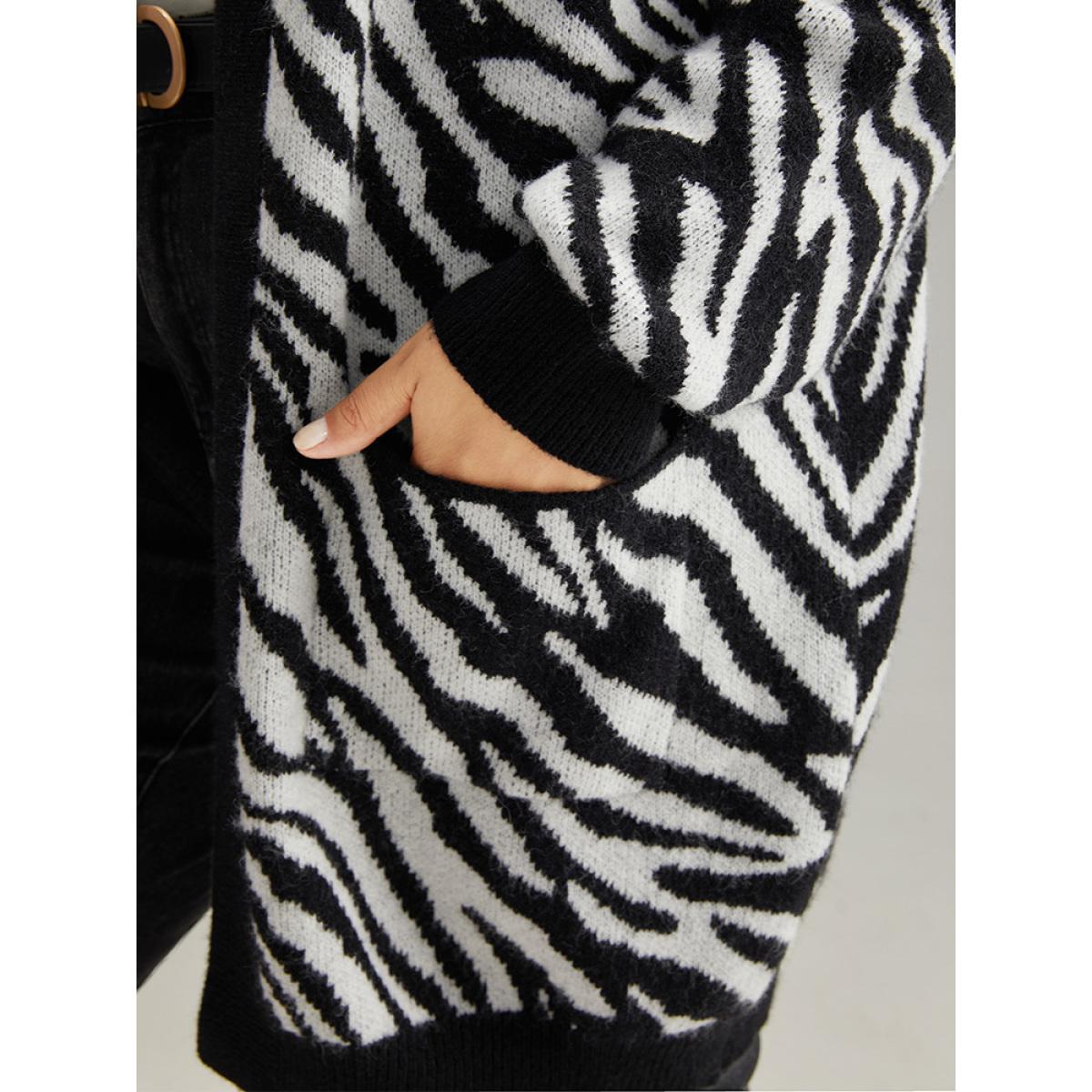 Plus Size Supersoft Essentials Zebra Print Patched Pocket Cardigan Black Women Casual Loose Long Sleeve Dailywear Cardigans BloomChic 26/4X Product Image