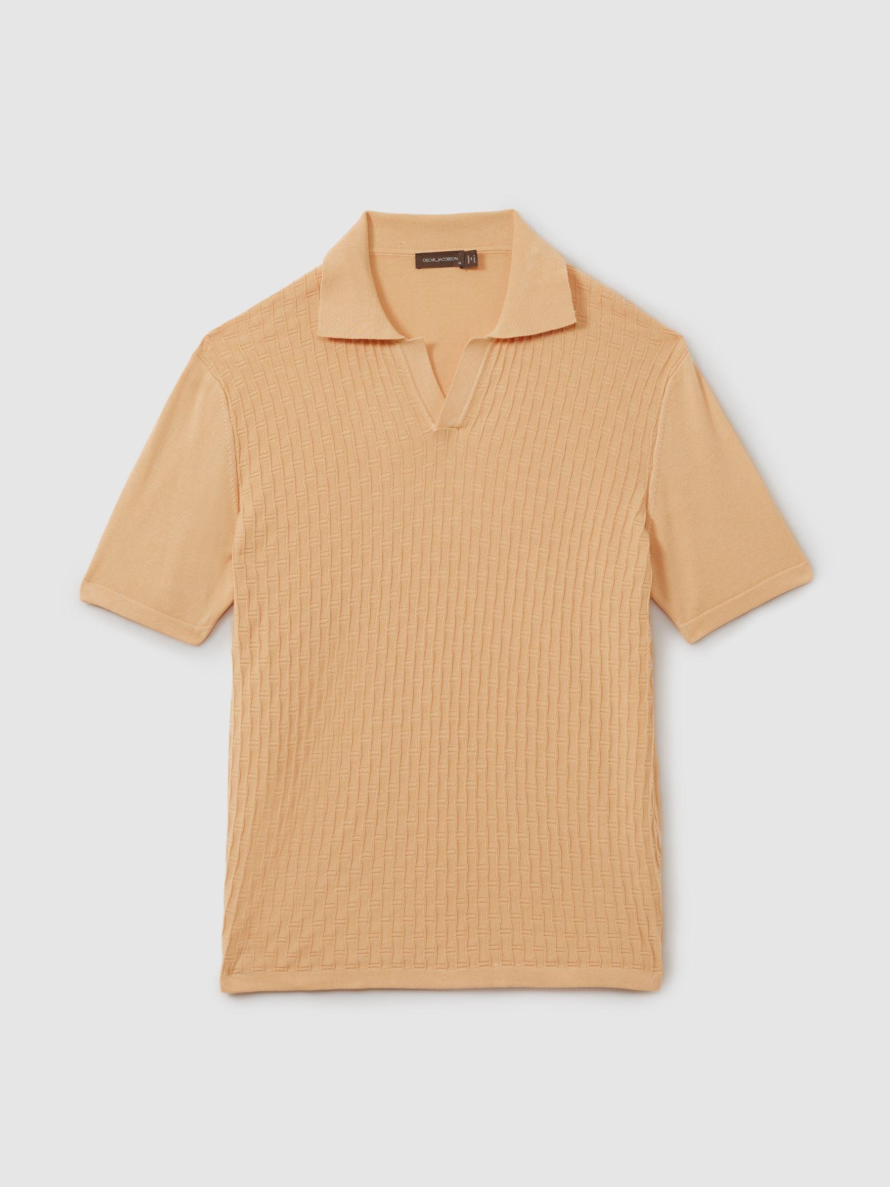 Oscar Jacobson Cotton Open-Collar Polo Shirt in Sand Product Image