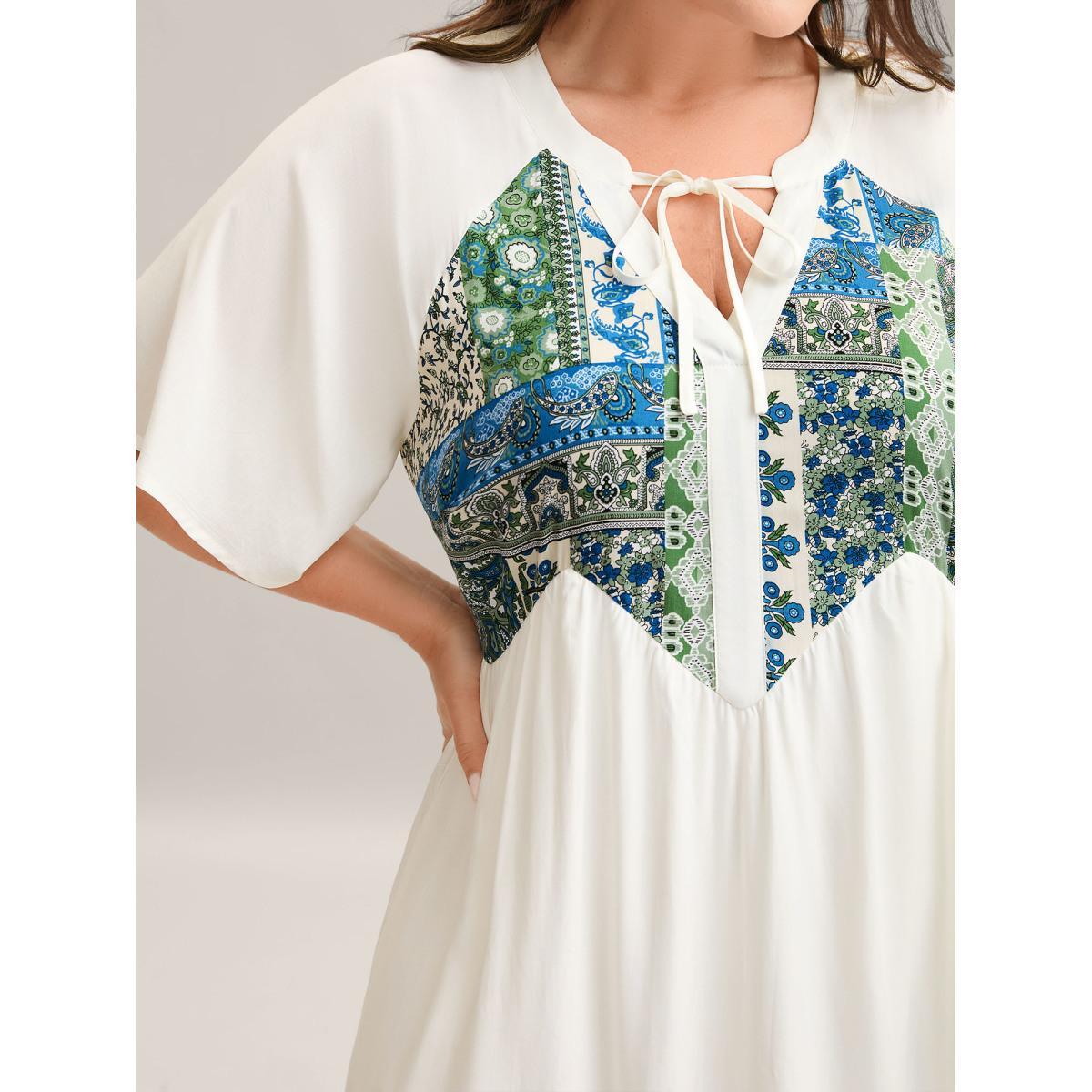 Plus Size Rayon Boho Print Asymmetrical Waist Midi Dress Skyblue Women Flat collar with V-notch Sleeveless Curvy BloomChic 18-20/2X Product Image