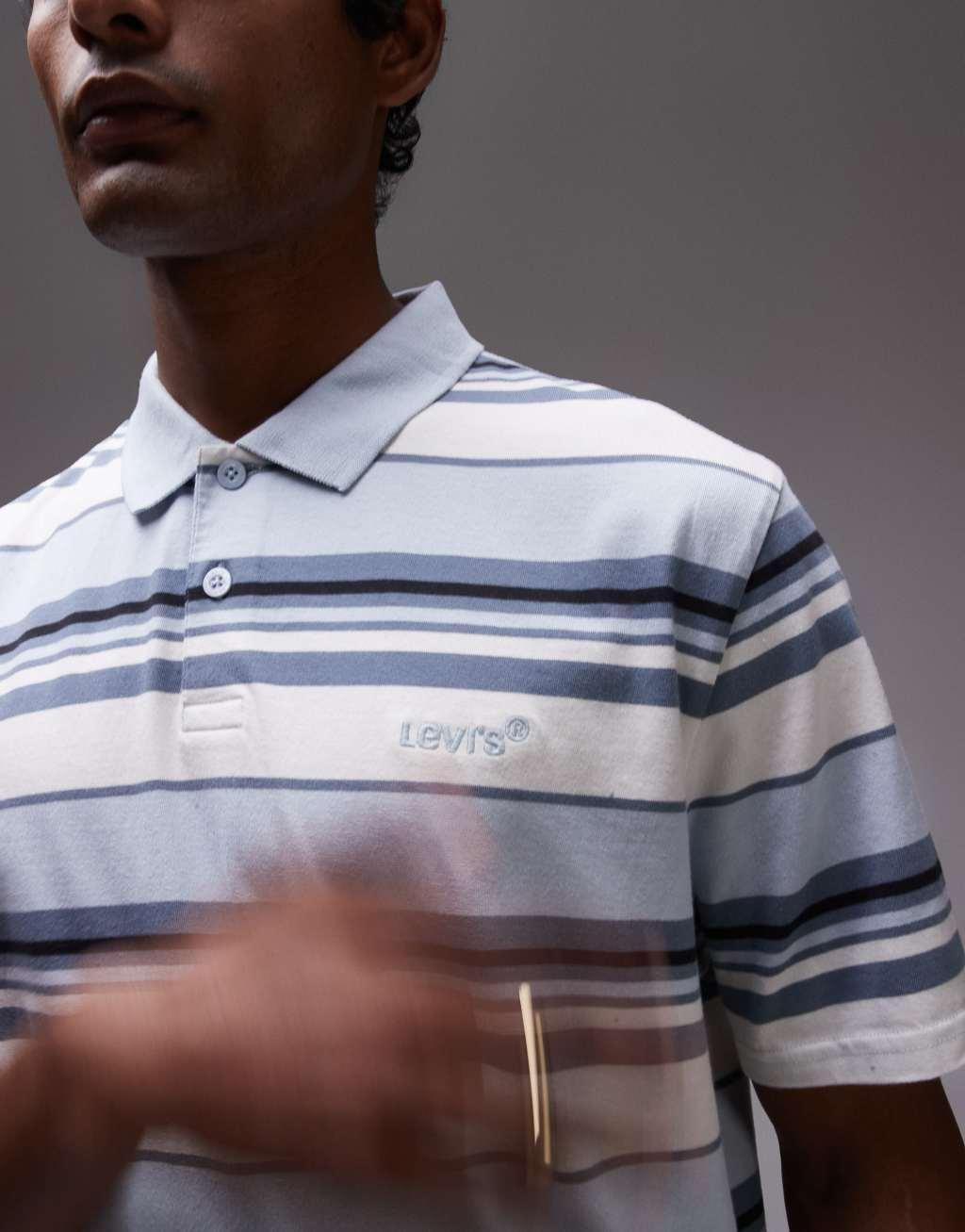 Levi's Authentic logo multi stripe jersey polo in light blue Product Image