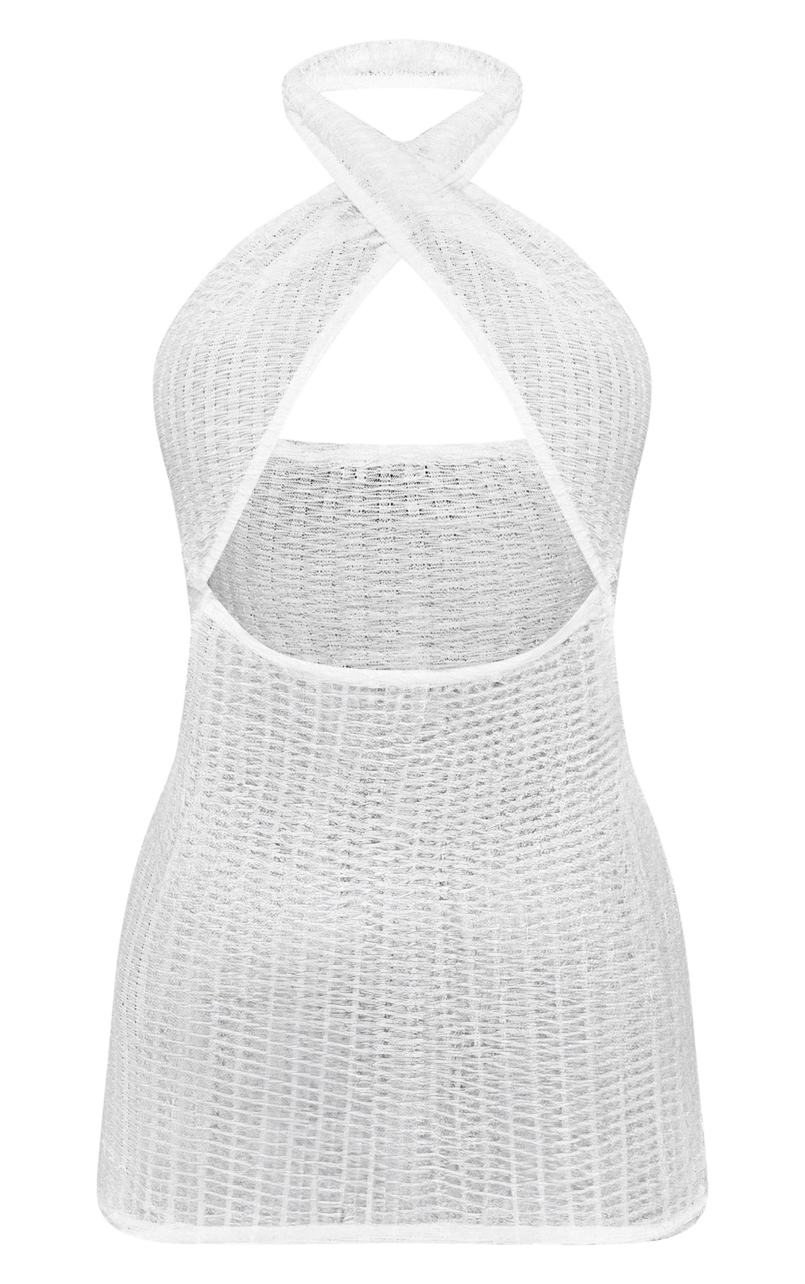 Cream Textured Knit Cross Front Halterneck Mini Dress Product Image