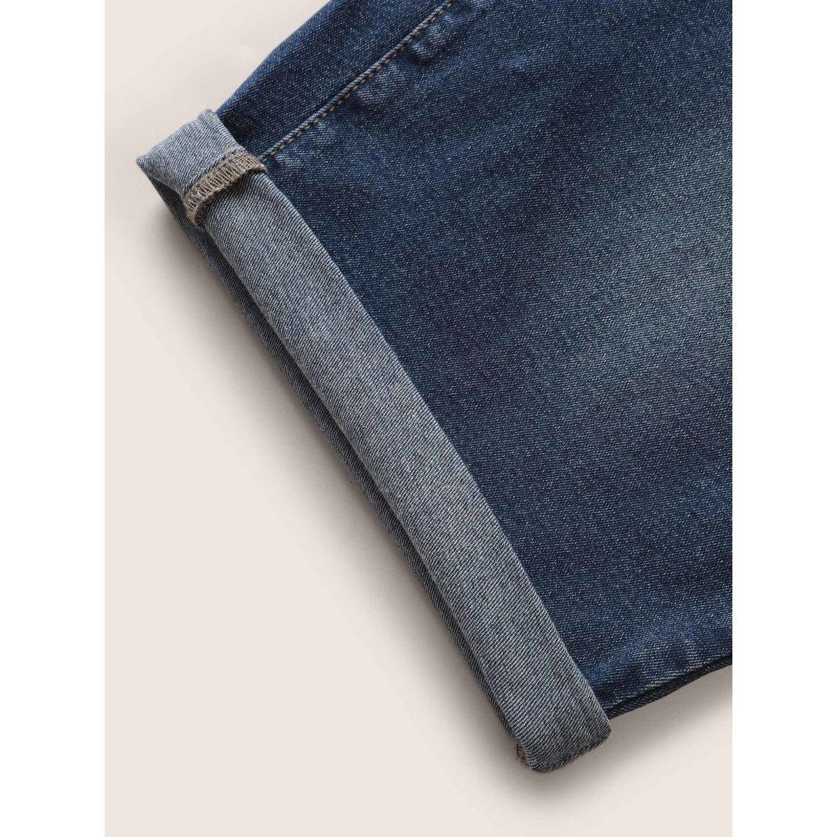 Plus Size Roll Hem Elastic Waist Dark Wash Denim Shorts Women Stone Roll Hem High stretch Everyday Slanted pocket Casual Denim Shorts BloomChic 14/1X Product Image