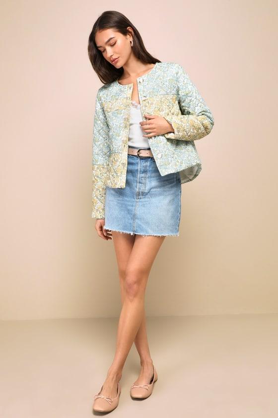 Warmest Darling Blue and Yellow Floral Print Quilted Jacket Product Image