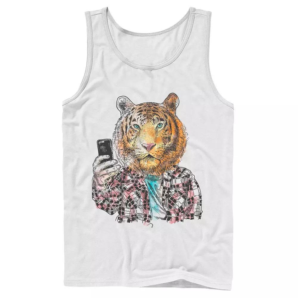Men's Trendy Tiger Selfie Color Sketch Tank Top, Size: Large, White Product Image