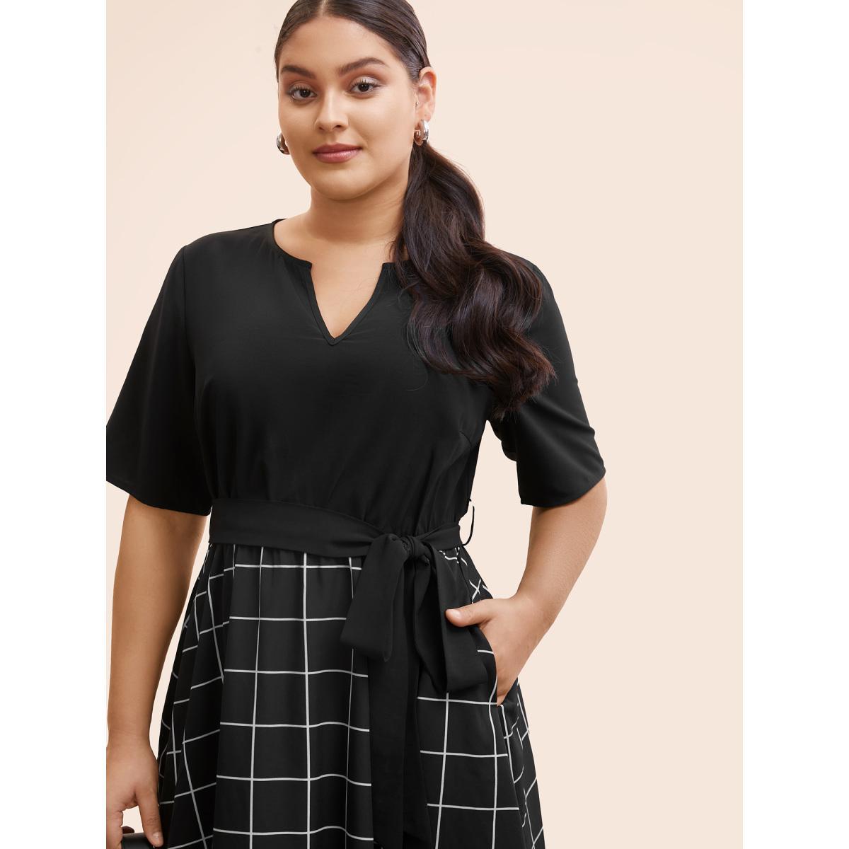 Plus Size Notched Plaid Patchwork Belted Midi Dress Black Women At the Office Belted Flat collar with V-notch Half Sleeve Curvy BloomChic 10/M Product Image