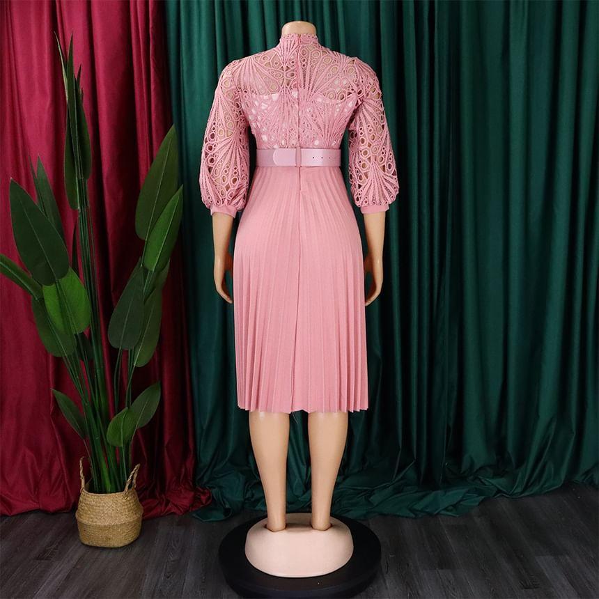 Plus Size 3/4 Sleeve Round Neck Eyelet Lace Pleated Midi Dress Product Image