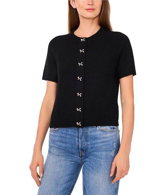 CeCe Knit Round Neck Short Sleeve Bow Top Product Image
