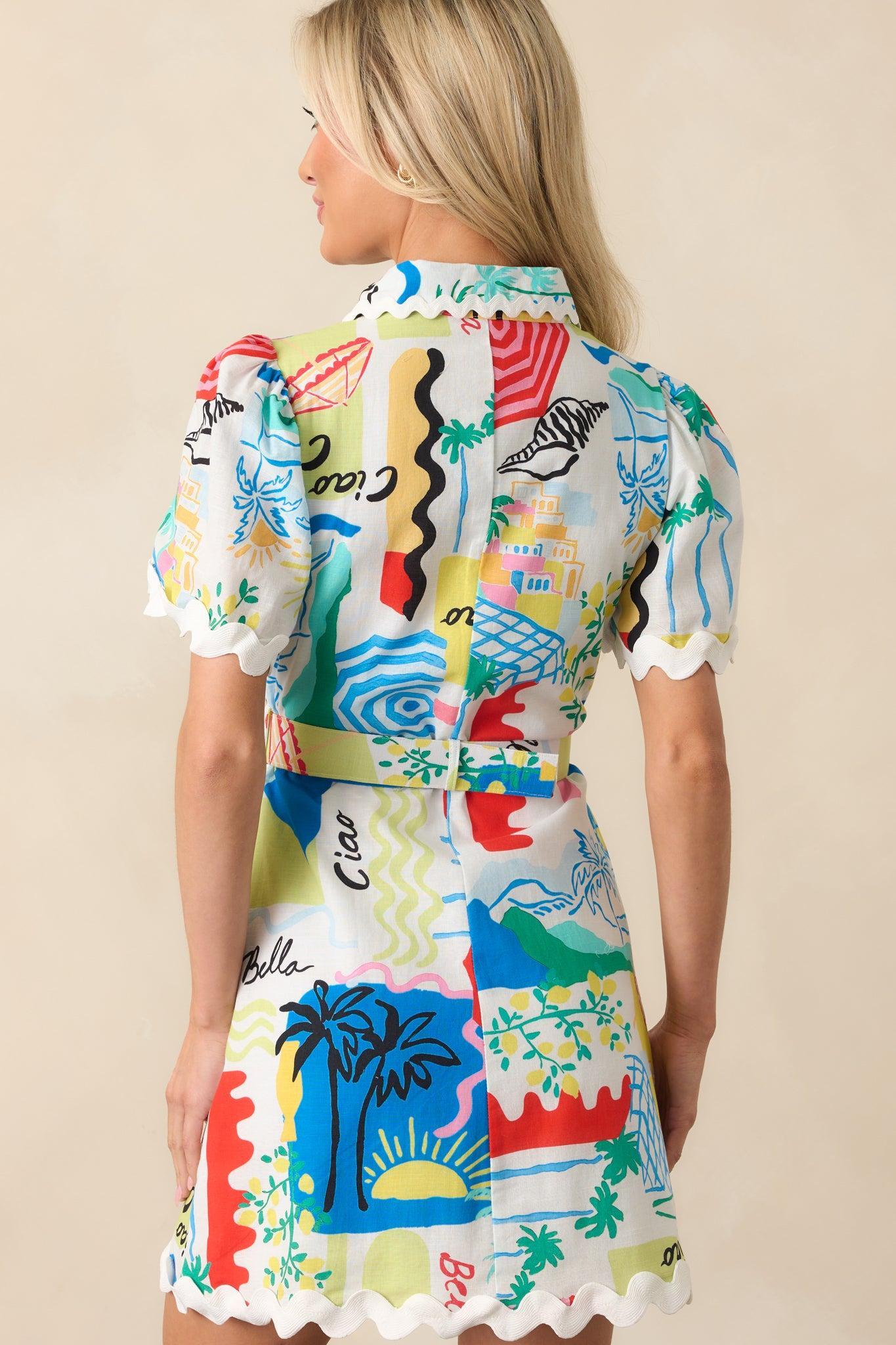 Prosperina Beatrice Multi Tropical Print Linen Belted Mini Dress Product Image