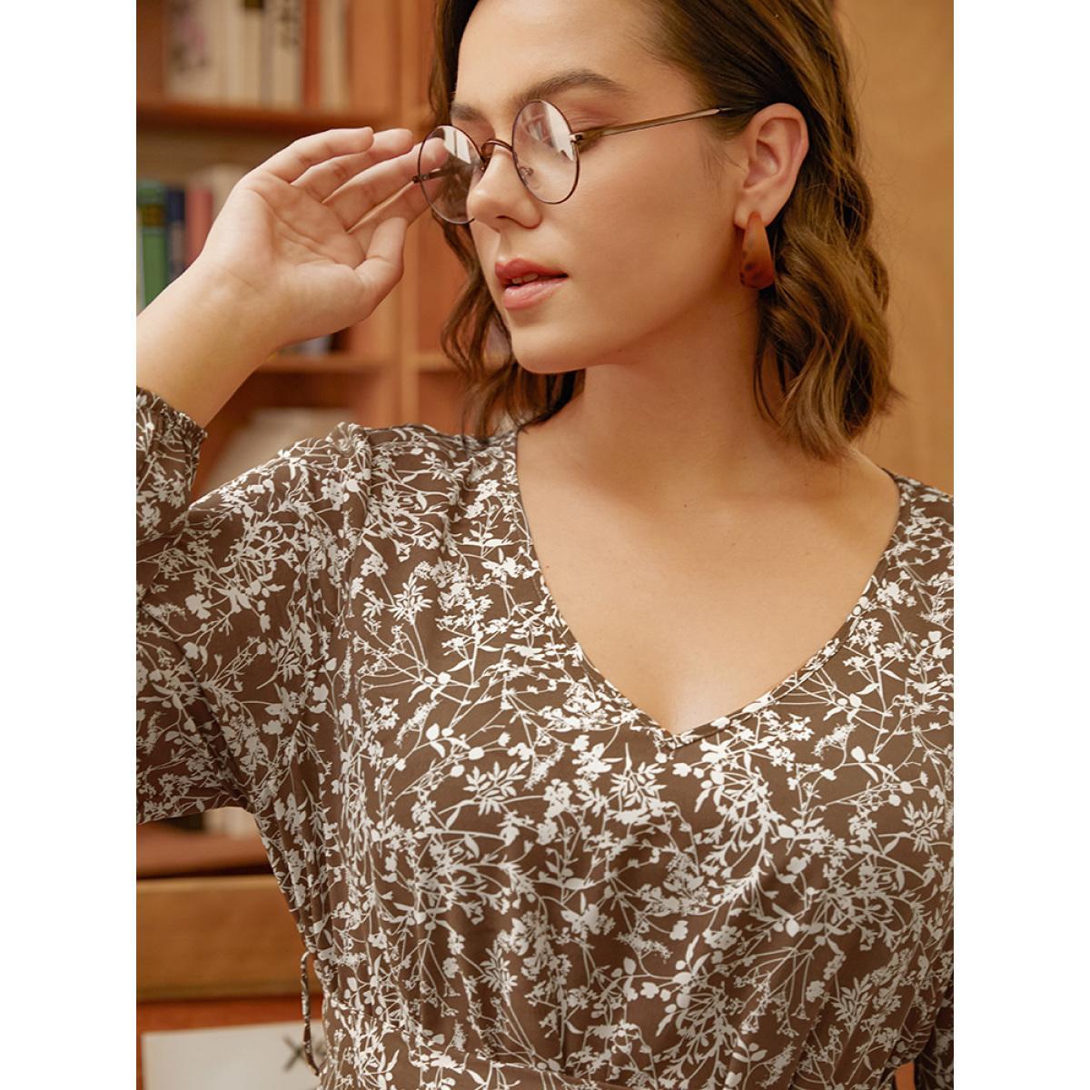 Plus Size Ditsy Floral Lantern Sleeve Pocket Belted Dress Bronze Women Elegant Belted V-neck Long Sleeve Curvy Midi Dress BloomChic 22-24/3X Product Image