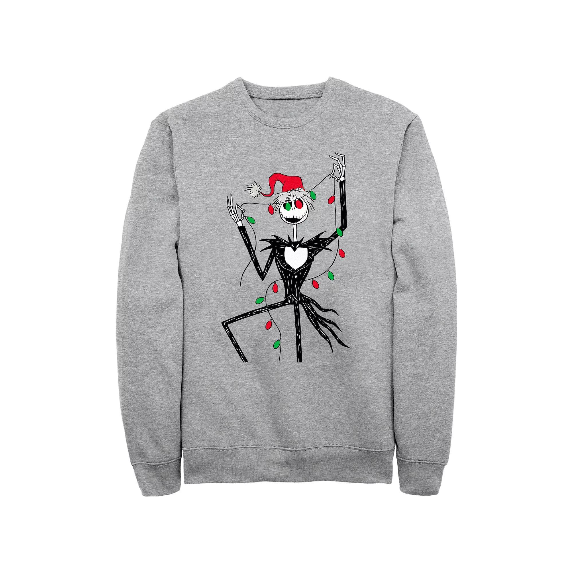 Men's Nightmare Before Christmas Jack Red And Green Christmas Lights Sweatshirt, Size: Large, Athletic Grey Product Image