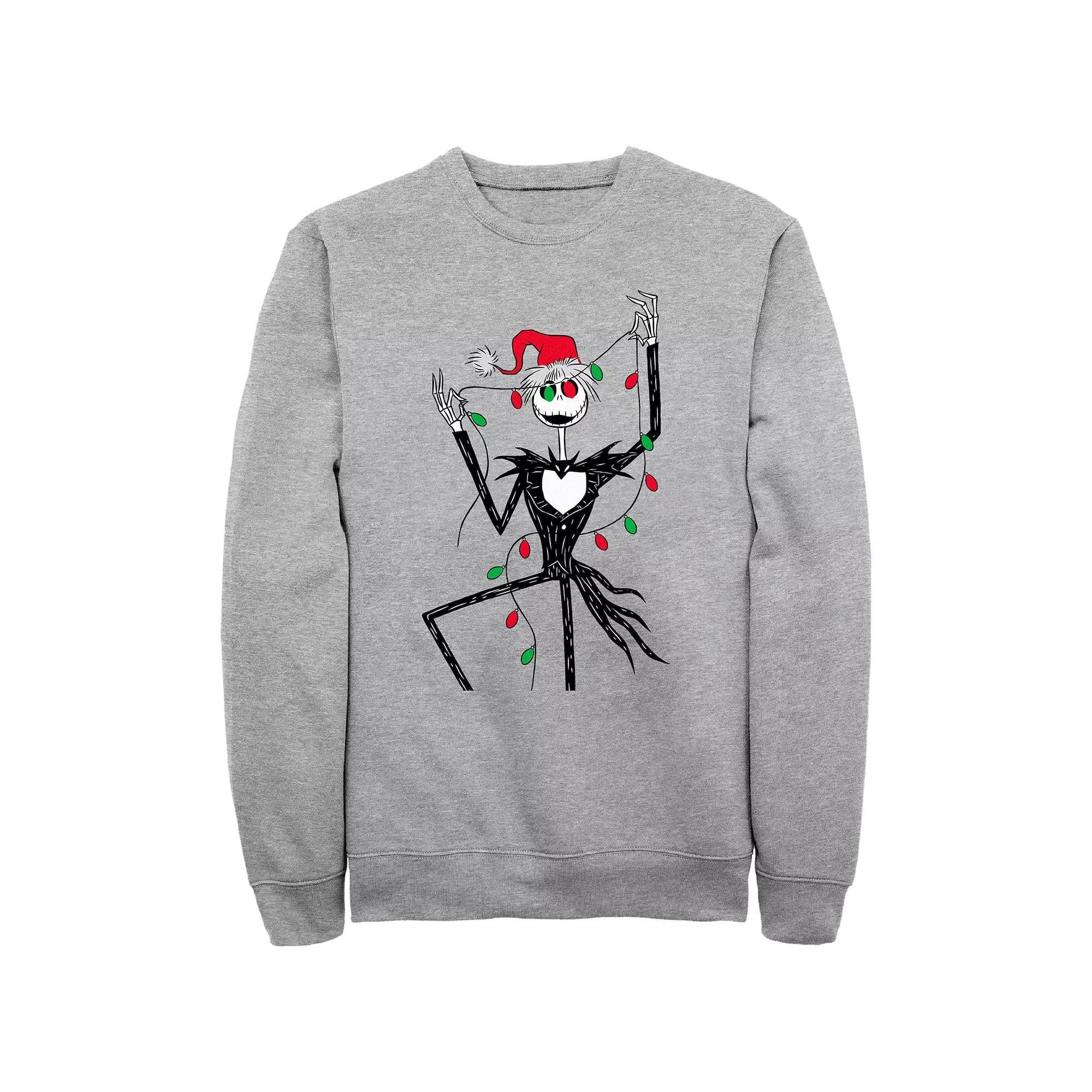 Men's Nightmare Before Christmas Jack Red And Green Christmas Lights Sweatshirt, Size: Large, Athletic Grey Product Image