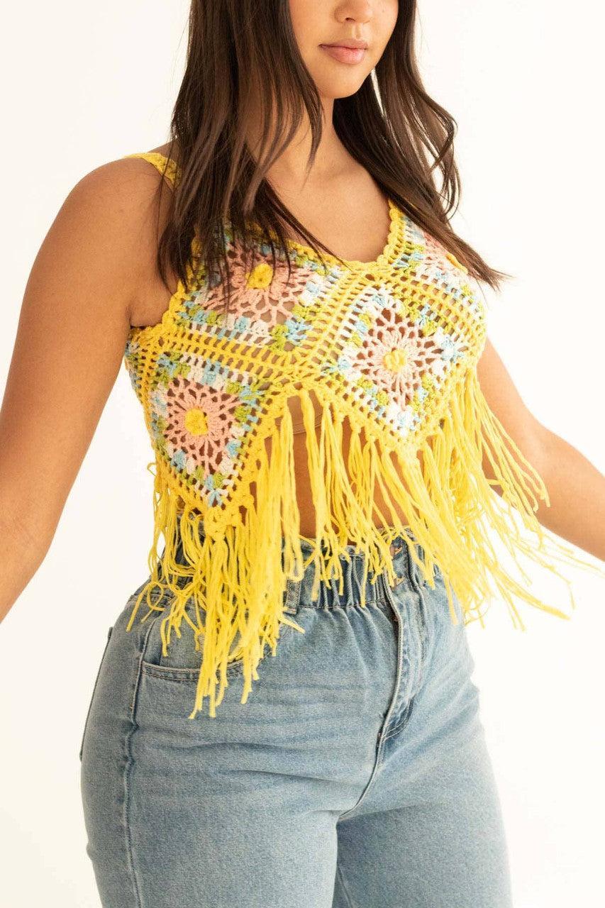 Yellow Floral Crochet Fringe Top Product Image