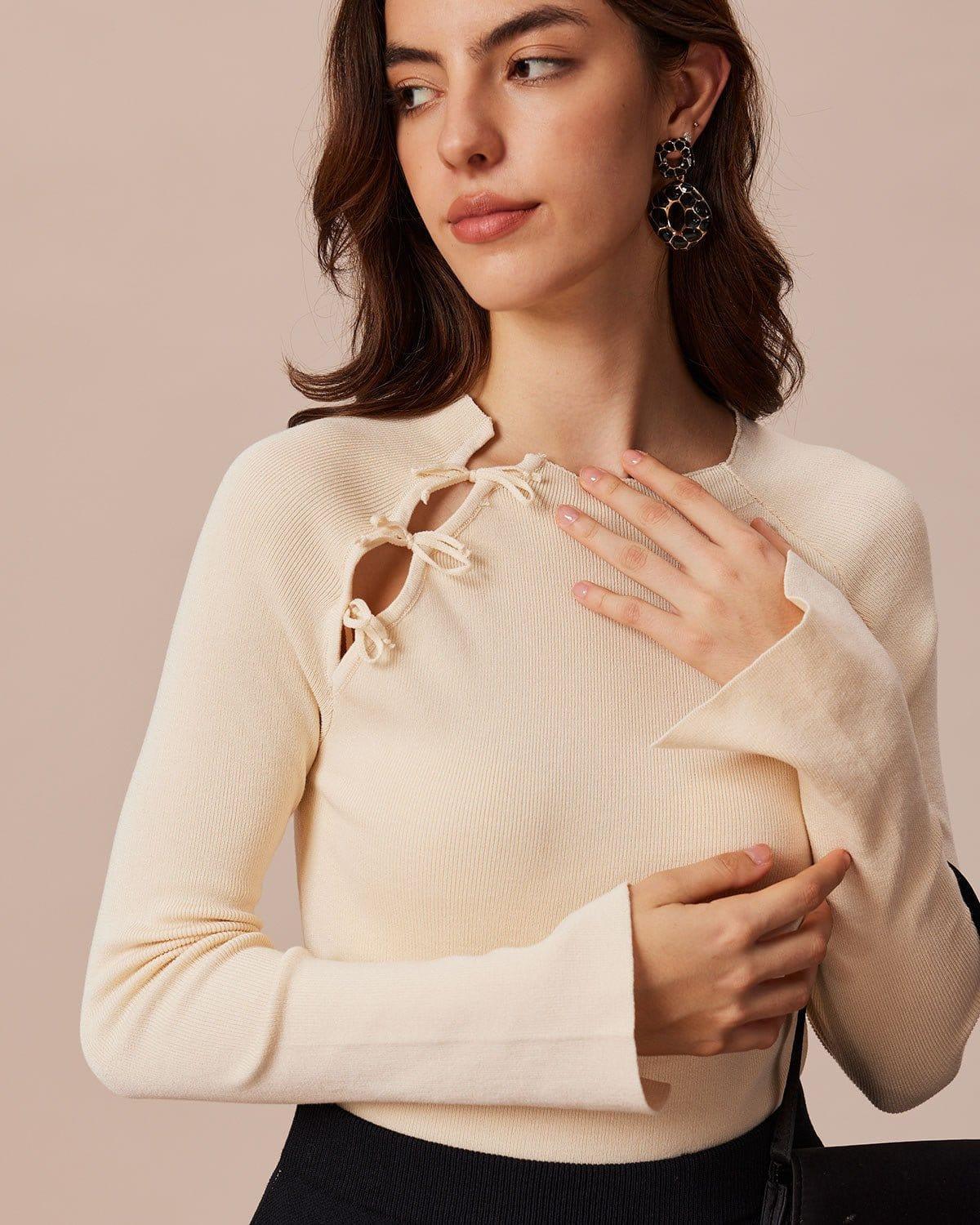 The Beige Ribbed Cut Out Bowknot Knit Top Product Image