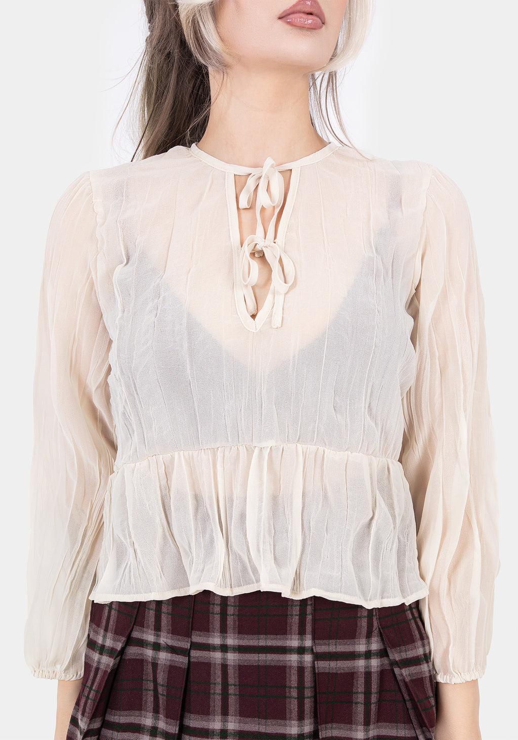 Villain Textured Tie Front Peplum Blouse - White Product Image