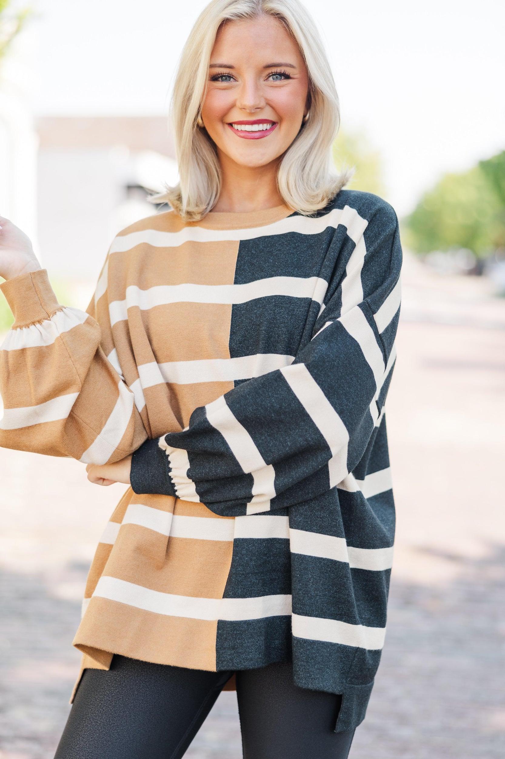 Live It Up Mocha/Black Striped Sweater Female Product Image