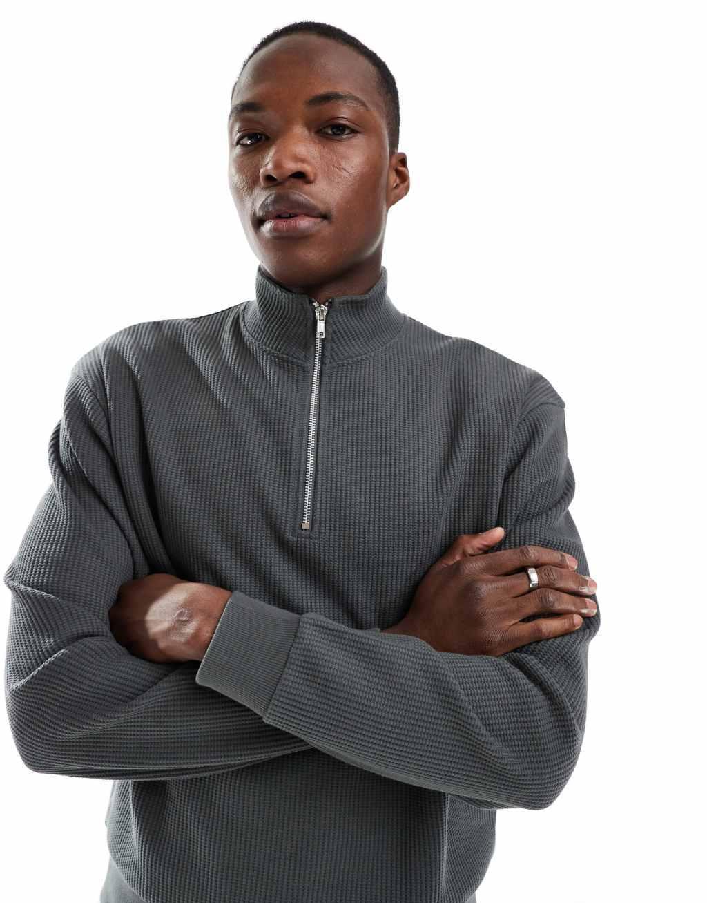 ASOS DESIGN oversized quarter zip funnel sweatshirt in waffle gray Product Image