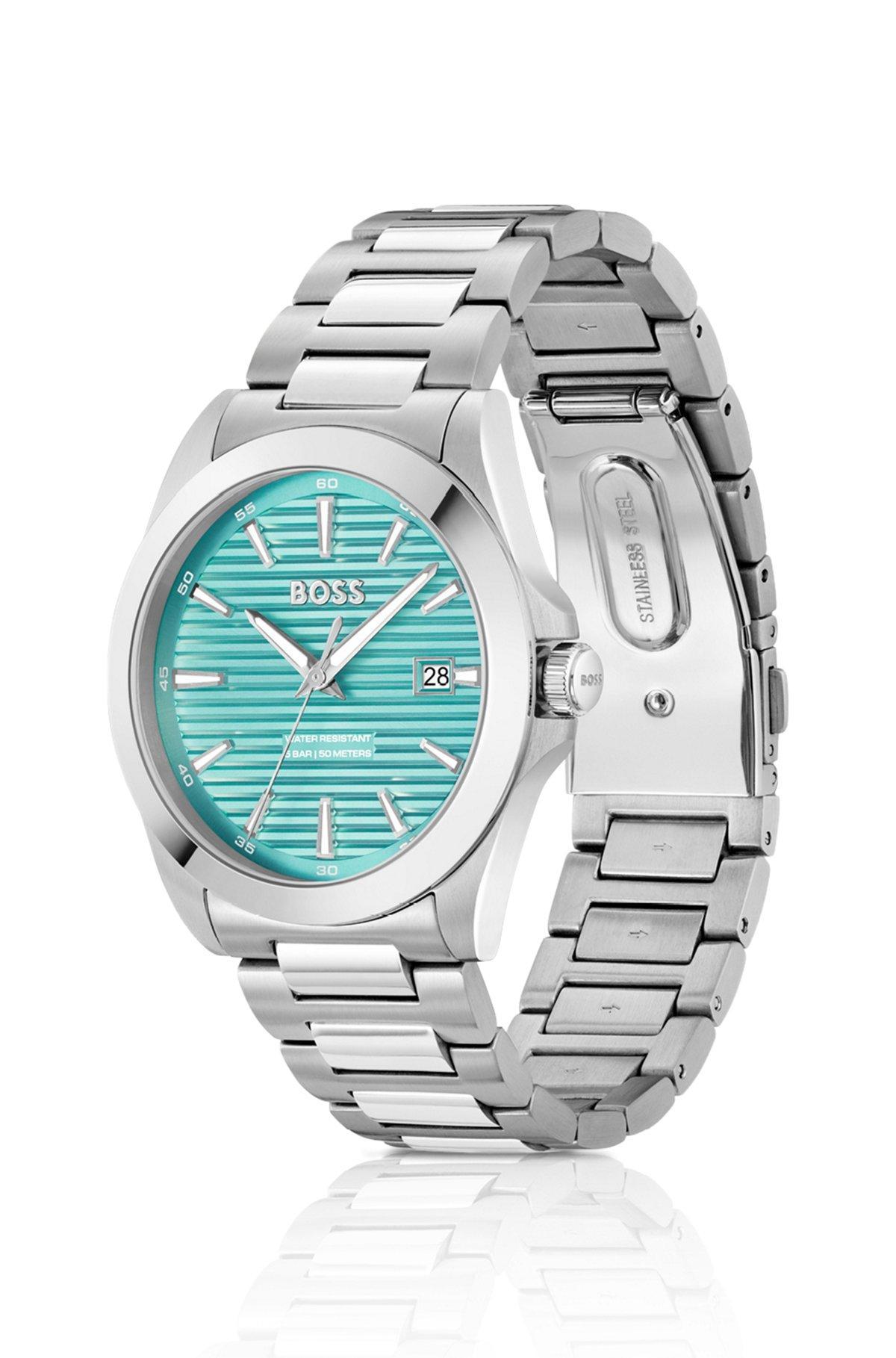 BOSS - Silver-tone watch with grooved turquoise dial Product Image