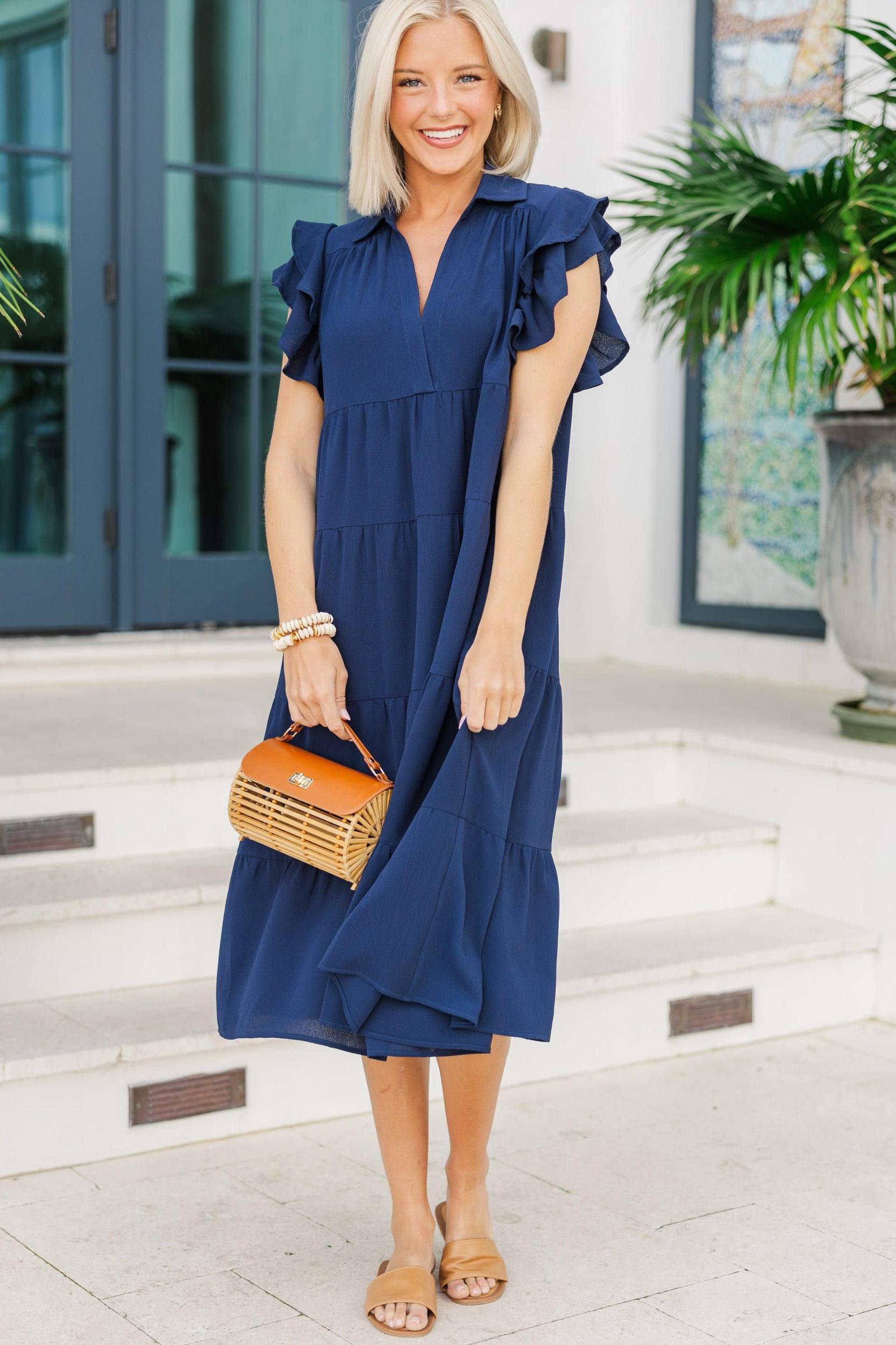 Look You Up Navy Blue Ruffled Midi Dress Female Product Image