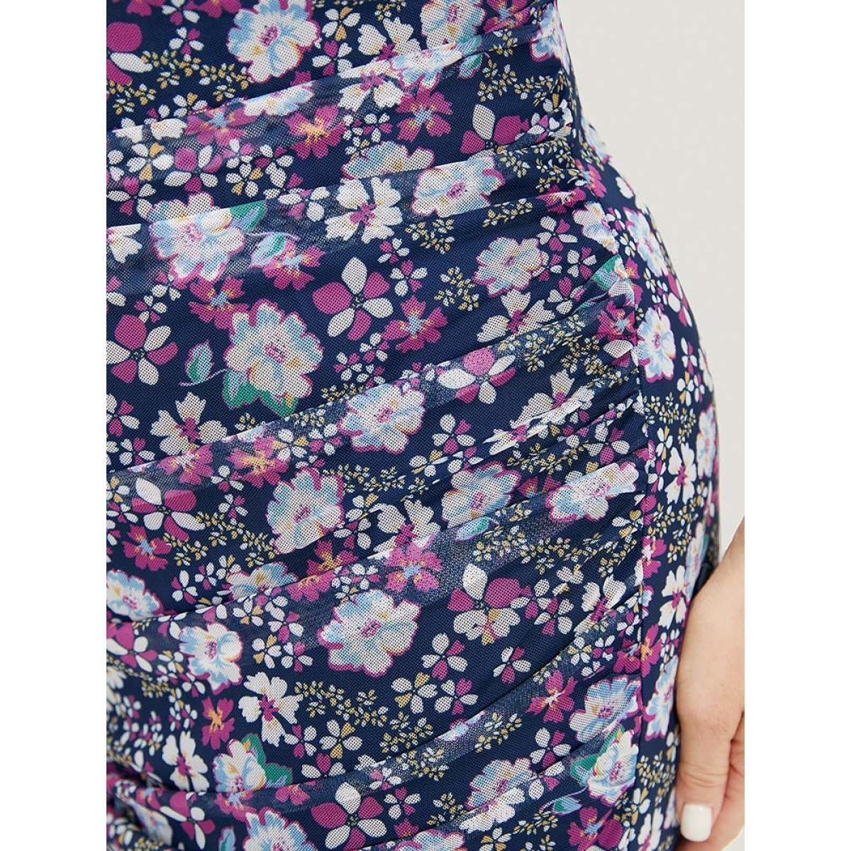 Plus Size Floral Print Ruched Square Neck Dress Stone Women Glamour Gathered Square Neck Short sleeve Curvy Midi Dress BloomChic 10/M Product Image
