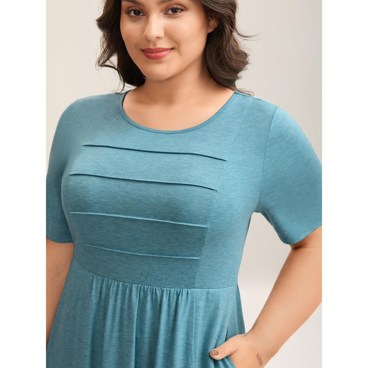 Plus Size Seam Bodice Heather Knit Plain Midi Dress Cerulean Women Knit Dresses Bloomchic 10/M Product Image