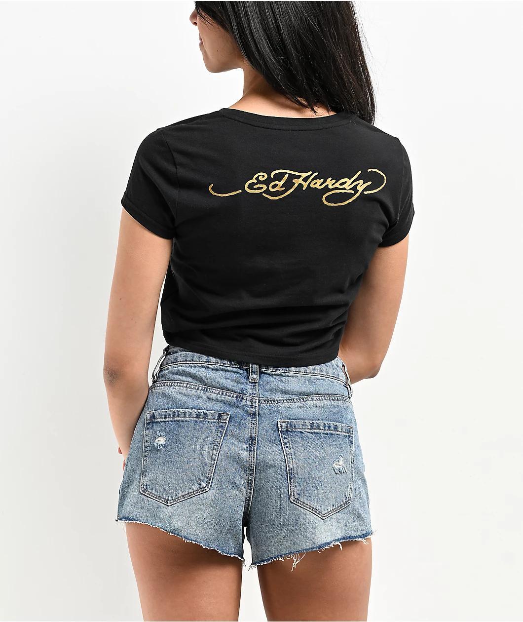 Ed Hardy Mi Amor Rhinestone Black Crop T-Shirt Product Image