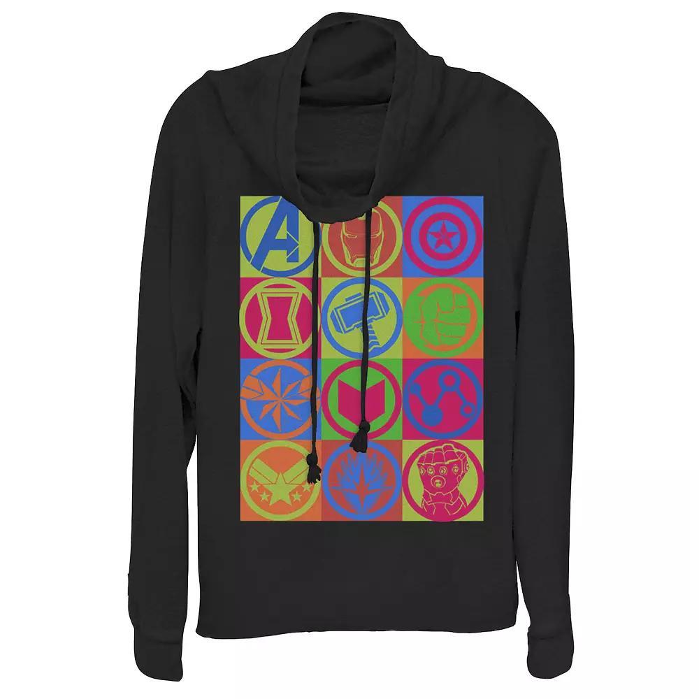 Juniors' Marvel Avengers: Endgame Colorful Symbol Box Up Cowlneck Graphic Lightweight Long Sleeve, Girl's, Size: XL, Black Product Image
