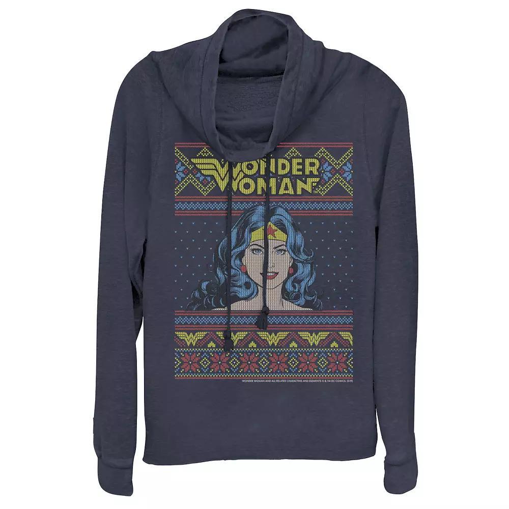 Juniors' DC Comics Wonder Woman Christmas Cowlneck Graphic Lightweight Long Sleeve, Girl's, Size: Medium, Blue Product Image