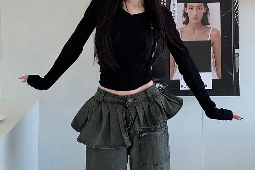 High Rise Ruffle Asymmetrical Wide Leg Jeans Product Image