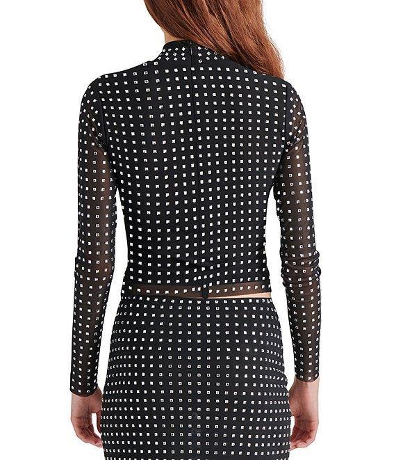 Steve Madden Melvina Mesh Embellished Rhinestone Mock Neck Long Sleeve Top Product Image