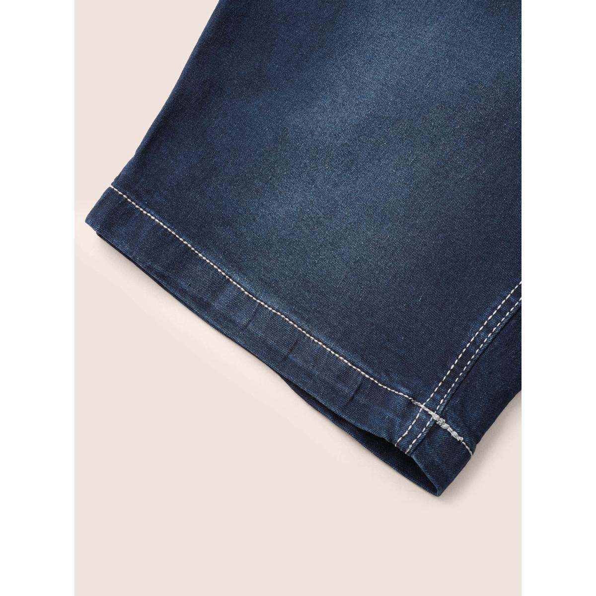 Plus Size Very Stretchy High Rise Dark Wash Denim Shorts Women DarkBlue Casual Plain High stretch Slanted pocket Jeans BloomChic 16/1X Product Image