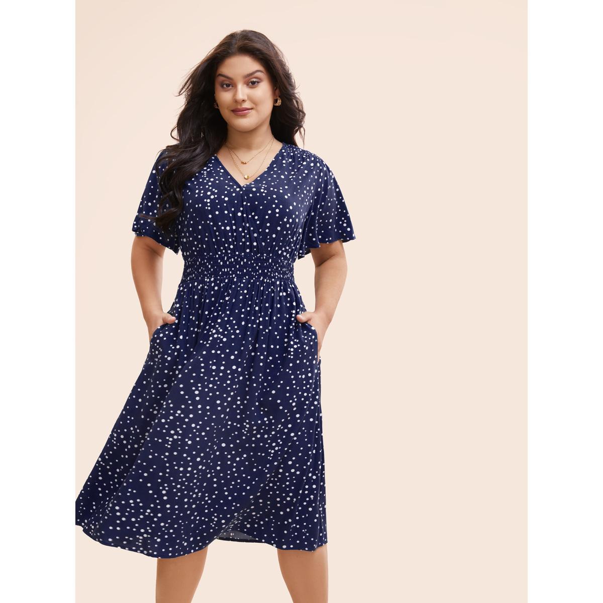 Plus Size Polka Dot Wrap Pocket Shirred Ruffle Sleeve Dress Black Women Elegant Patchwork Curvy Midi Dress BloomChic 12/L Product Image