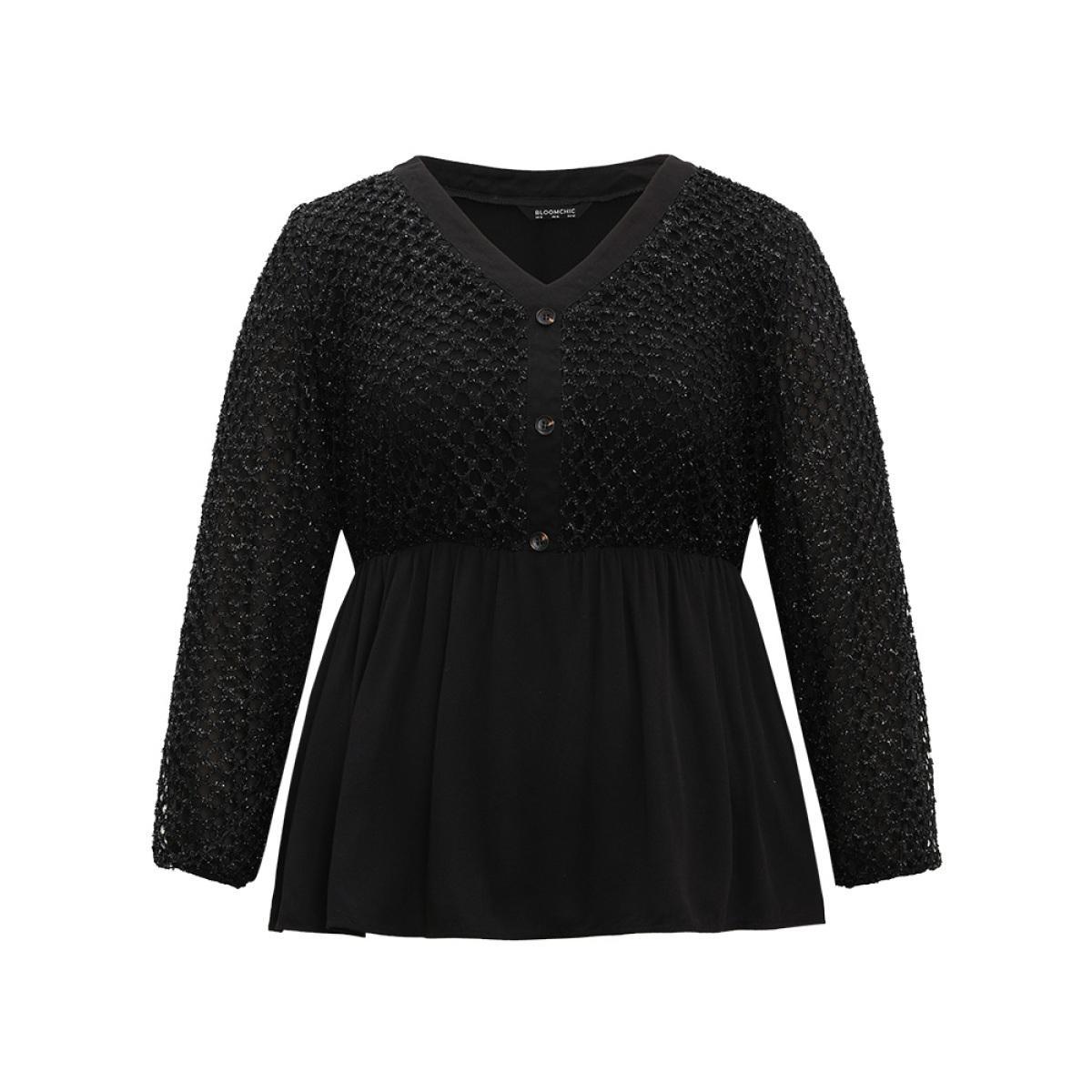 Plus Size Black Glitter Mesh Patchwork Lantern Sleeve Blouse Women Glamour Long Sleeve V-neck Festival-Christmas Blouses BloomChic 18-20/2X Product Image