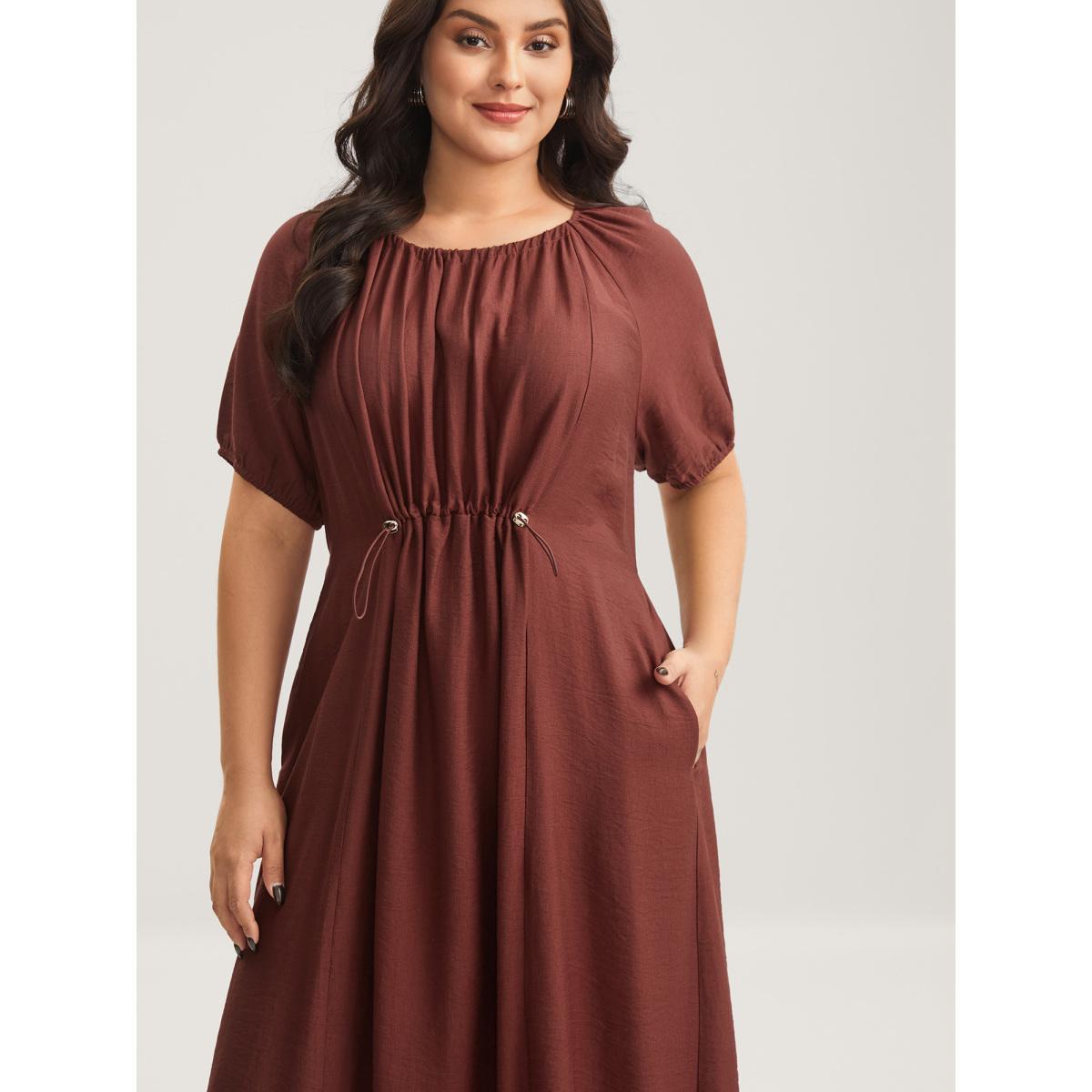 Plus Size Rayon Pleated Waist-Cut Midi Dress Yellowishbrown Women Round Neck Short sleeve Curvy BloomChic 18-20/2X Product Image