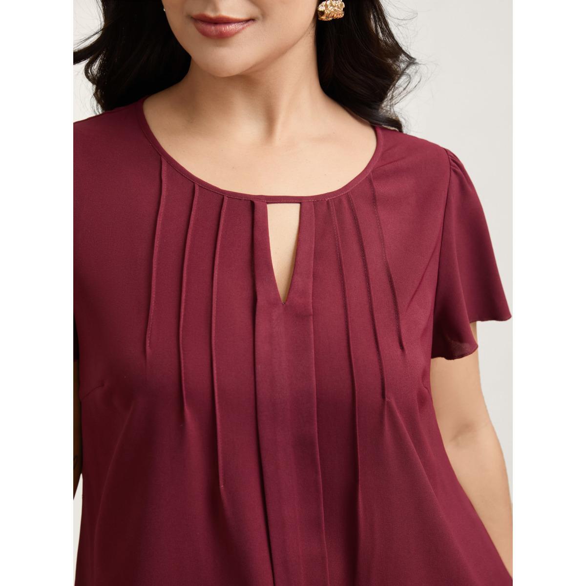 Plus Size Scarlet Plain Neck Cut-Out Pintuck Shirt Women At the Office Short sleeve Round Neck Work Blouses BloomChic 18-20/2X Product Image