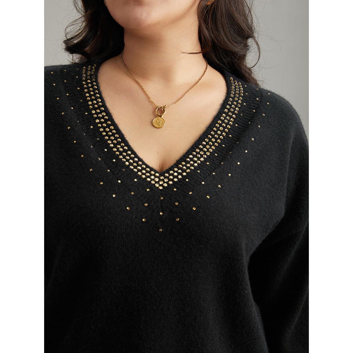 Plus Size Anti-Pilling Rhinestone Drop Shoulder Pullover Black Women Casual Loose Long Sleeve V-neck Dailywear Pullovers BloomChic 30/6X Product Image